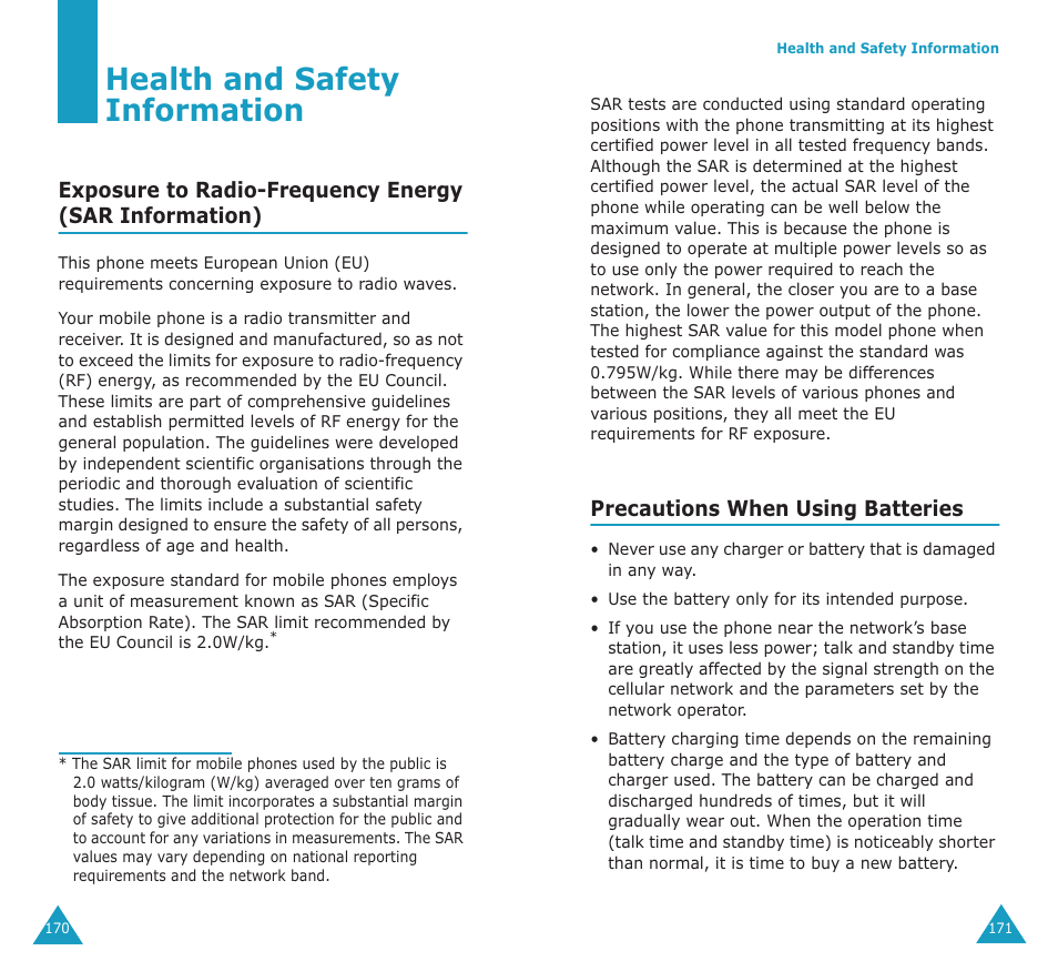 Health and safety information, Precautions when using batteries | Samsung SGH-E700A User Manual | Page 89 / 98