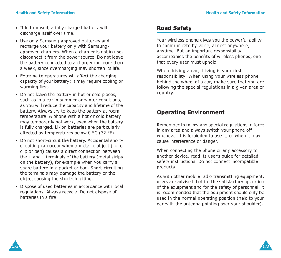 Road safety, Operating environment | Samsung SGH-E700A User Manual | Page 90 / 98