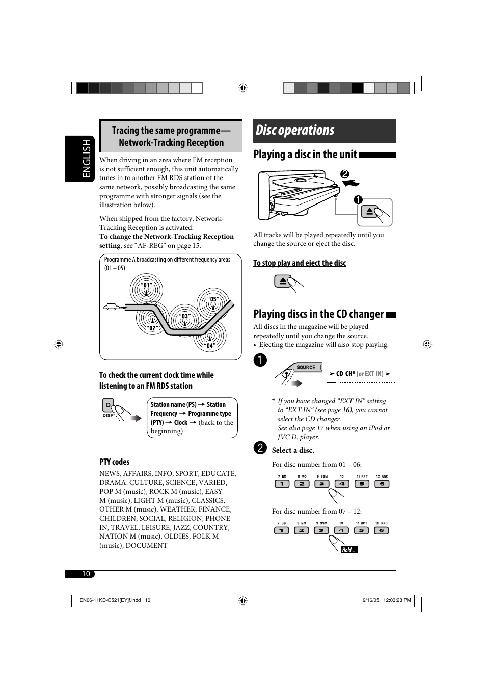 Disc operations, Playing a disc in the unit, Playing discs in the cd changer | JVC KD-G521 User Manual | Page 10 / 74