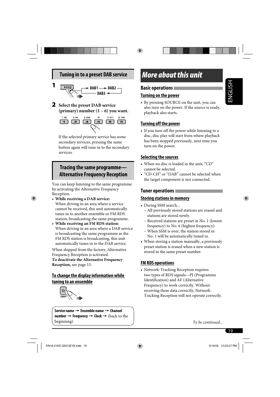 More about this unit, English, Tuning in to a preset dab service | Basic operations, Tuner operations | JVC KD-G521 User Manual | Page 19 / 74