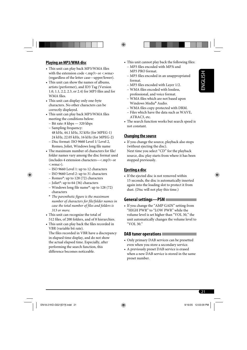 English, General settings—psm, Dab tuner operations | JVC KD-G521 User Manual | Page 21 / 74