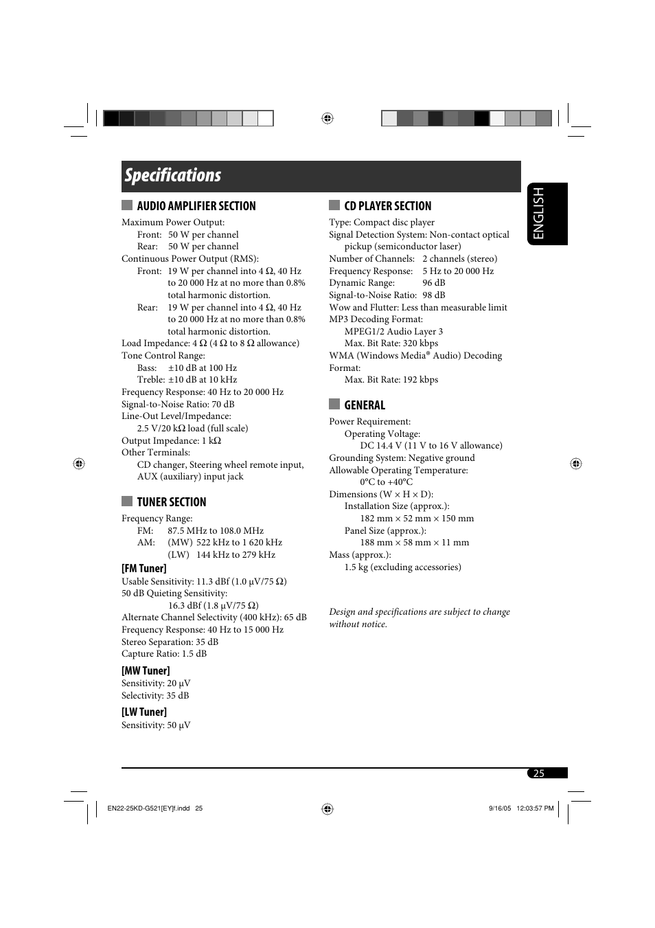 Specifications, English, General | JVC KD-G521 User Manual | Page 25 / 74