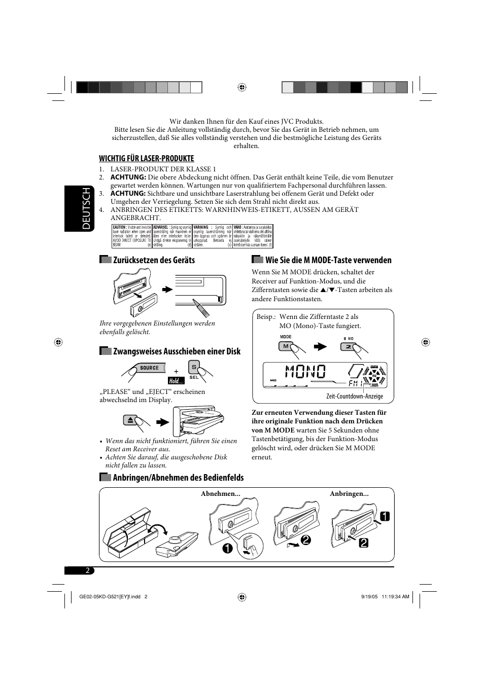 Deutsch, Anbringen/abnehmen des bedienfelds, Zurücksetzen des geräts | Zwangsweises ausschieben einer disk, Wie sie die m mode-taste verwenden | JVC KD-G521 User Manual | Page 26 / 74