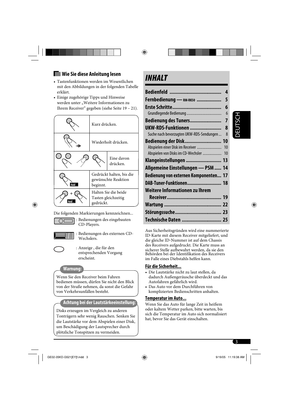 Inhalt, Deutsch, Wie sie diese anleitung lesen | Bedienfeld fernbedienung, Erste schritte, Bedienung des tuners ukw-rds-funktionen, Bedienung der disk | JVC KD-G521 User Manual | Page 27 / 74