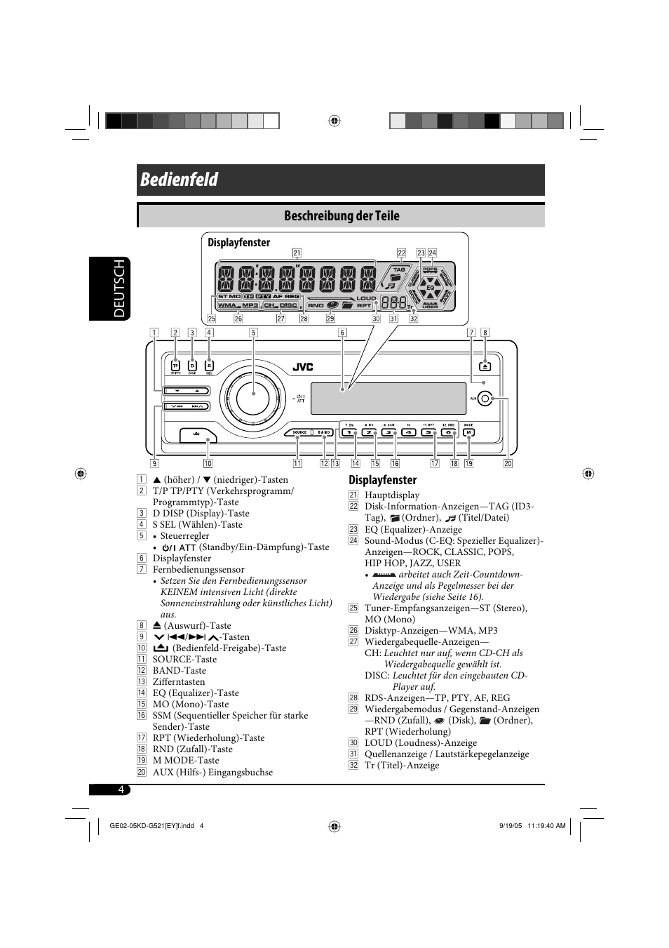Bedienfeld, Deutsch, Beschreibung der teile | Displayfenster | JVC KD-G521 User Manual | Page 28 / 74