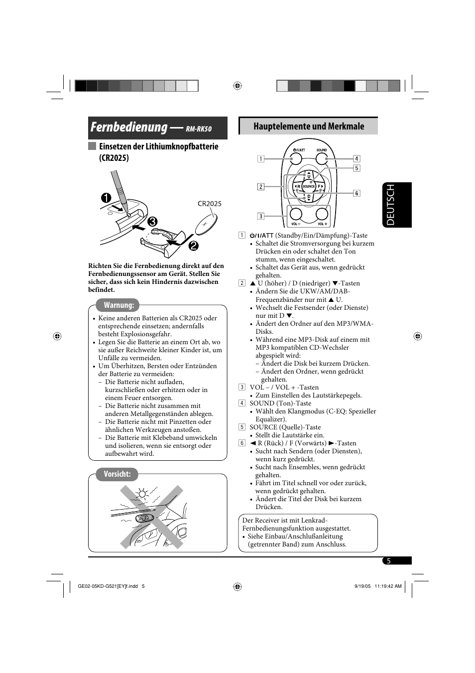 Fernbedienung, Deutsch, Hauptelemente und merkmale | Einsetzen der lithiumknopfbatterie (cr2025) | JVC KD-G521 User Manual | Page 29 / 74