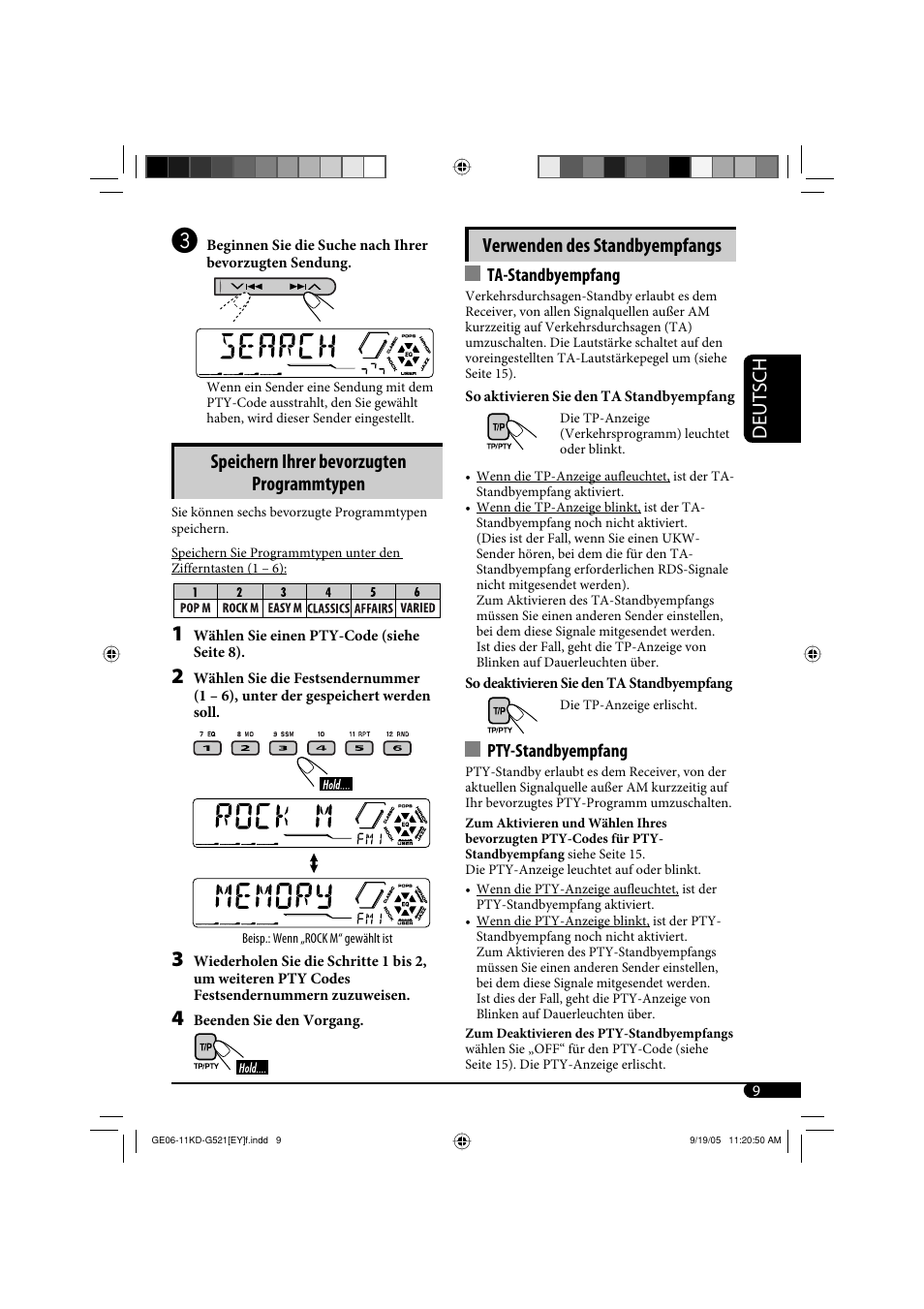 Deutsch verwenden des standbyempfangs, Speichern ihrer bevorzugten programmtypen | JVC KD-G521 User Manual | Page 33 / 74