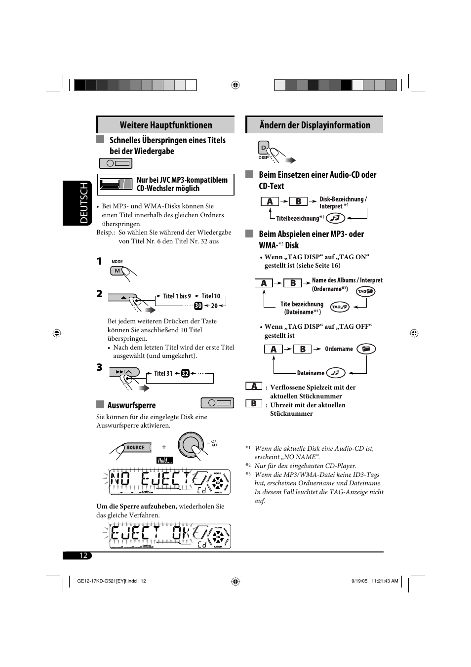 Deutsch weitere hauptfunktionen, Ändern der displayinformation, Auswurfsperre | Disk | JVC KD-G521 User Manual | Page 36 / 74