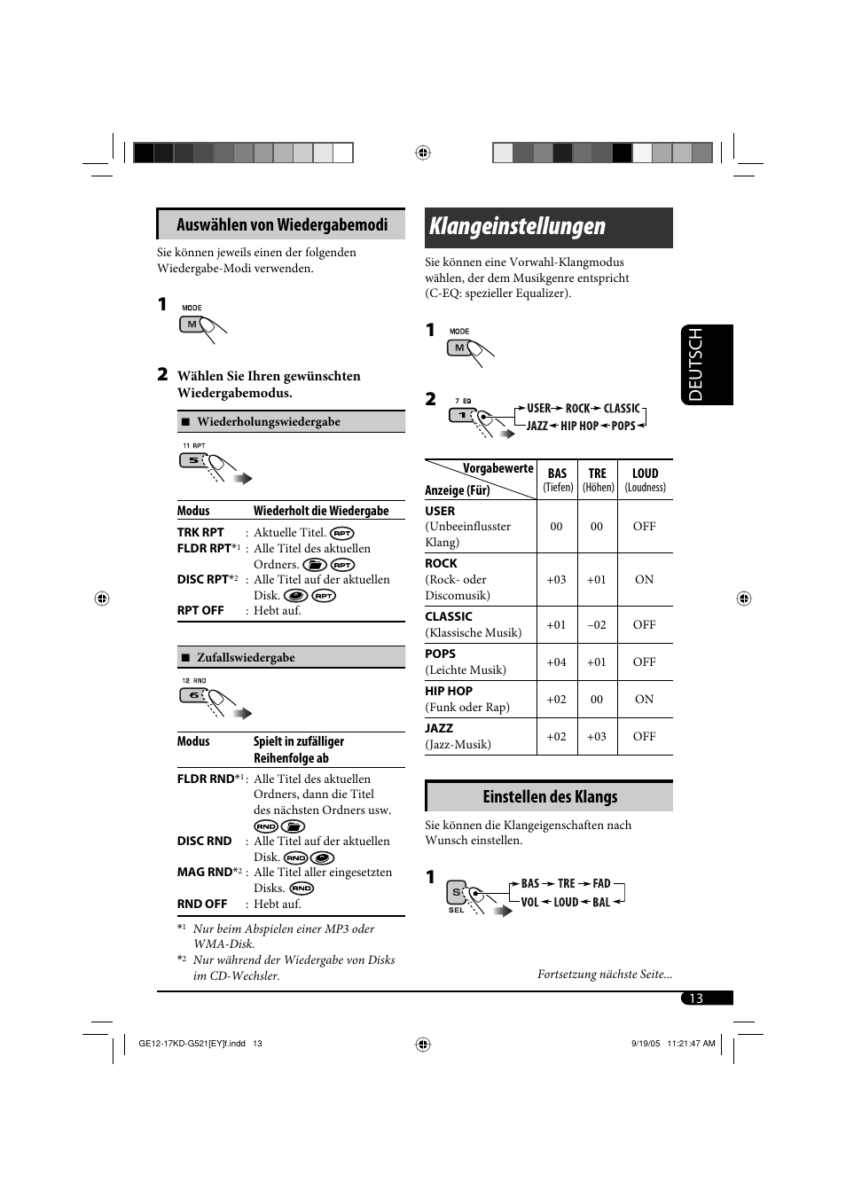 Klangeinstellungen, Deutsch auswählen von wiedergabemodi, Einstellen des klangs | JVC KD-G521 User Manual | Page 37 / 74