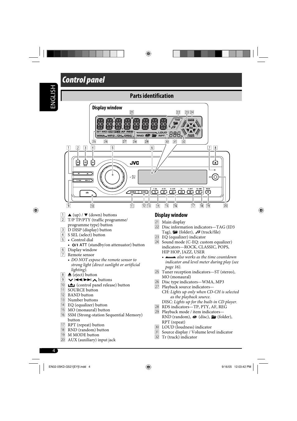 Control panel, English, Parts identification | Display window | JVC KD-G521 User Manual | Page 4 / 74