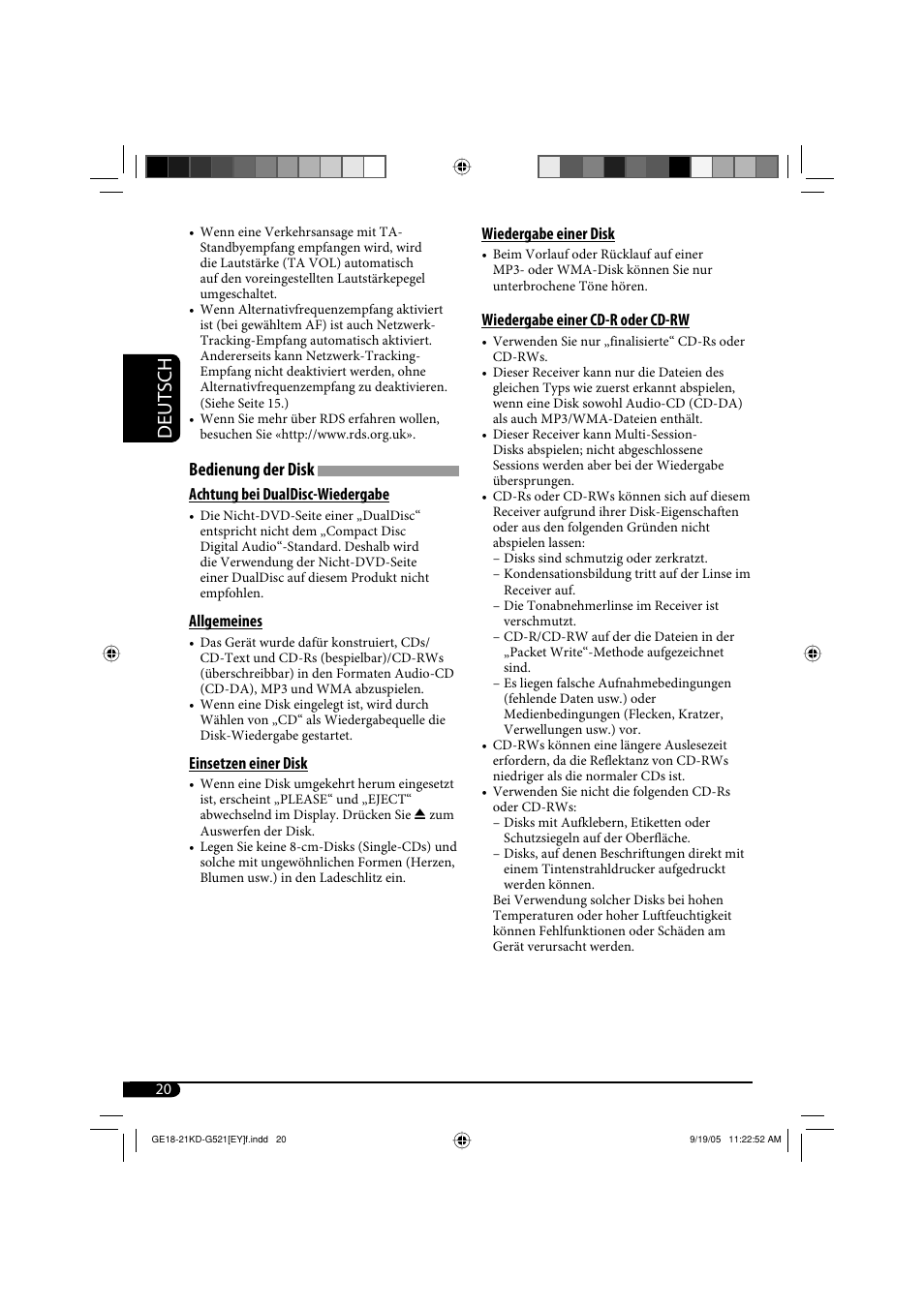 Deutsch, Bedienung der disk | JVC KD-G521 User Manual | Page 44 / 74