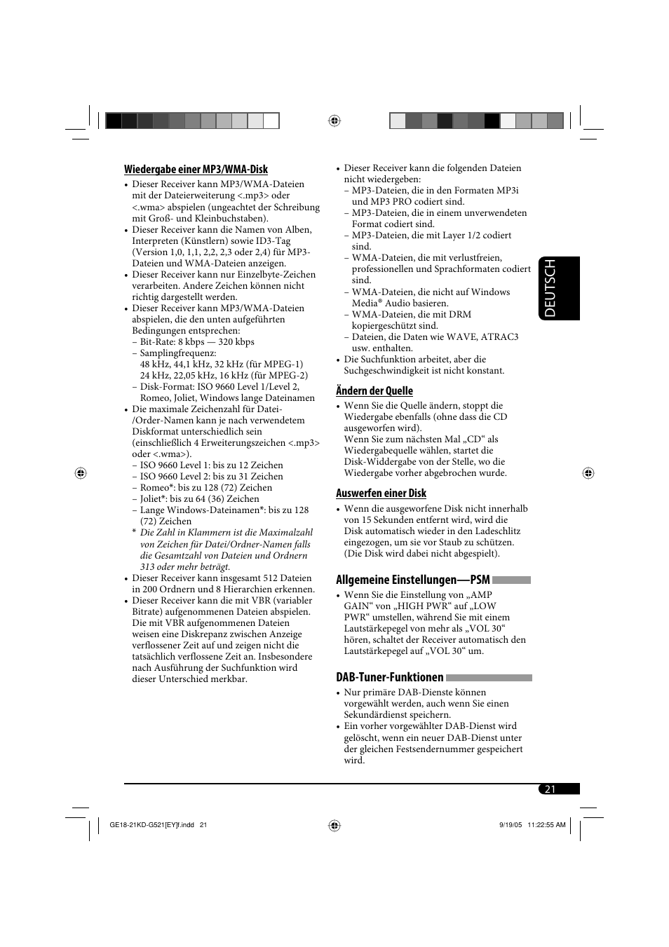 Deutsch, Allgemeine einstellungen—psm, Dab-tuner-funktionen | JVC KD-G521 User Manual | Page 45 / 74