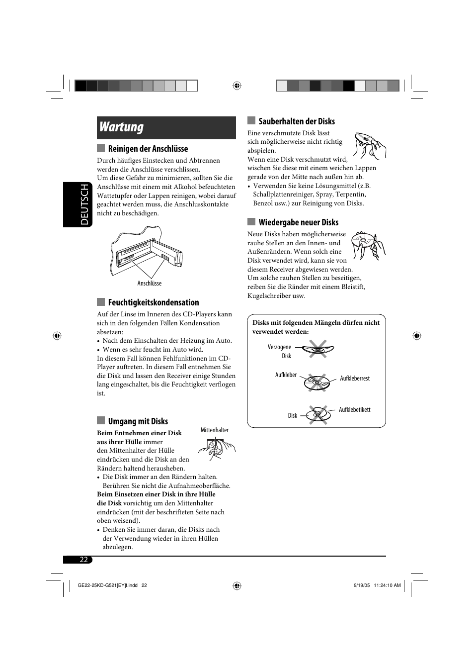 Wartung, Deutsch, Reinigen der anschlüsse | Feuchtigkeitskondensation, Umgang mit disks, Sauberhalten der disks, Wiedergabe neuer disks | JVC KD-G521 User Manual | Page 46 / 74