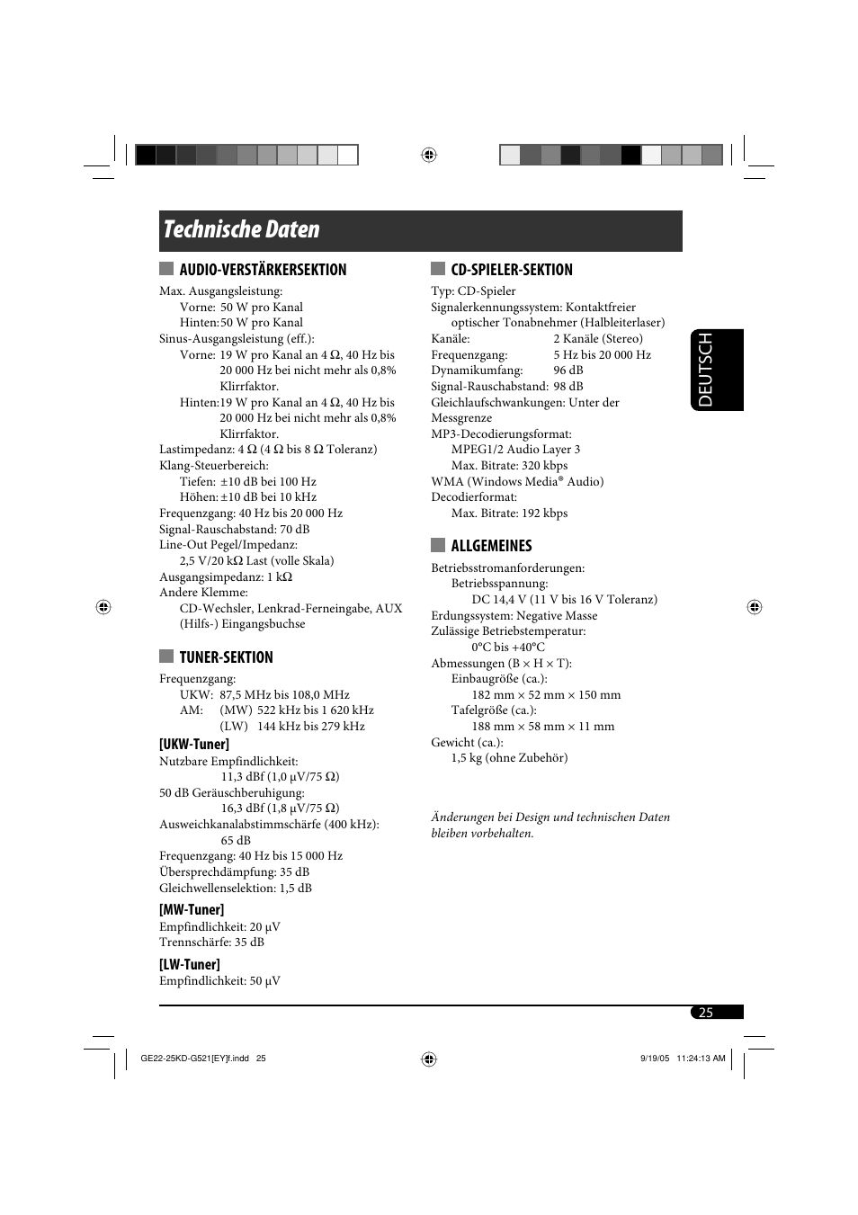 Technische daten, Deutsch, Audio-verstärkersektion | Tuner-sektion, Cd-spieler-sektion, Allgemeines | JVC KD-G521 User Manual | Page 49 / 74