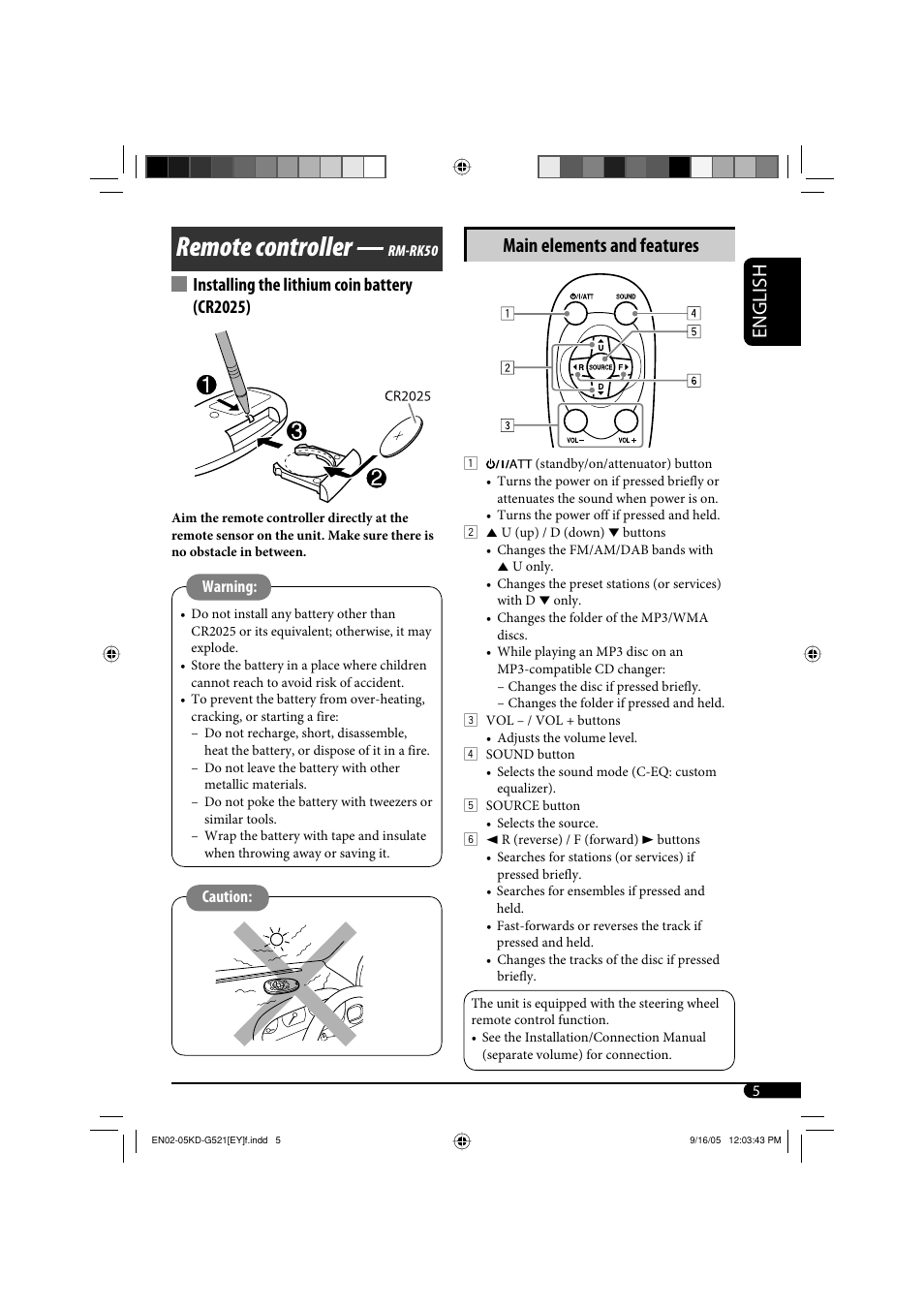 Remote controller, English, Main elements and features | Installing the lithium coin battery (cr2025) | JVC KD-G521 User Manual | Page 5 / 74