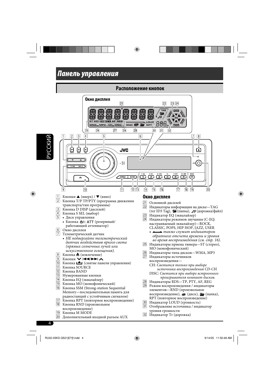 Панель управления, Руcckий, Расположение кнопок | Окно дисплея | JVC KD-G521 User Manual | Page 52 / 74