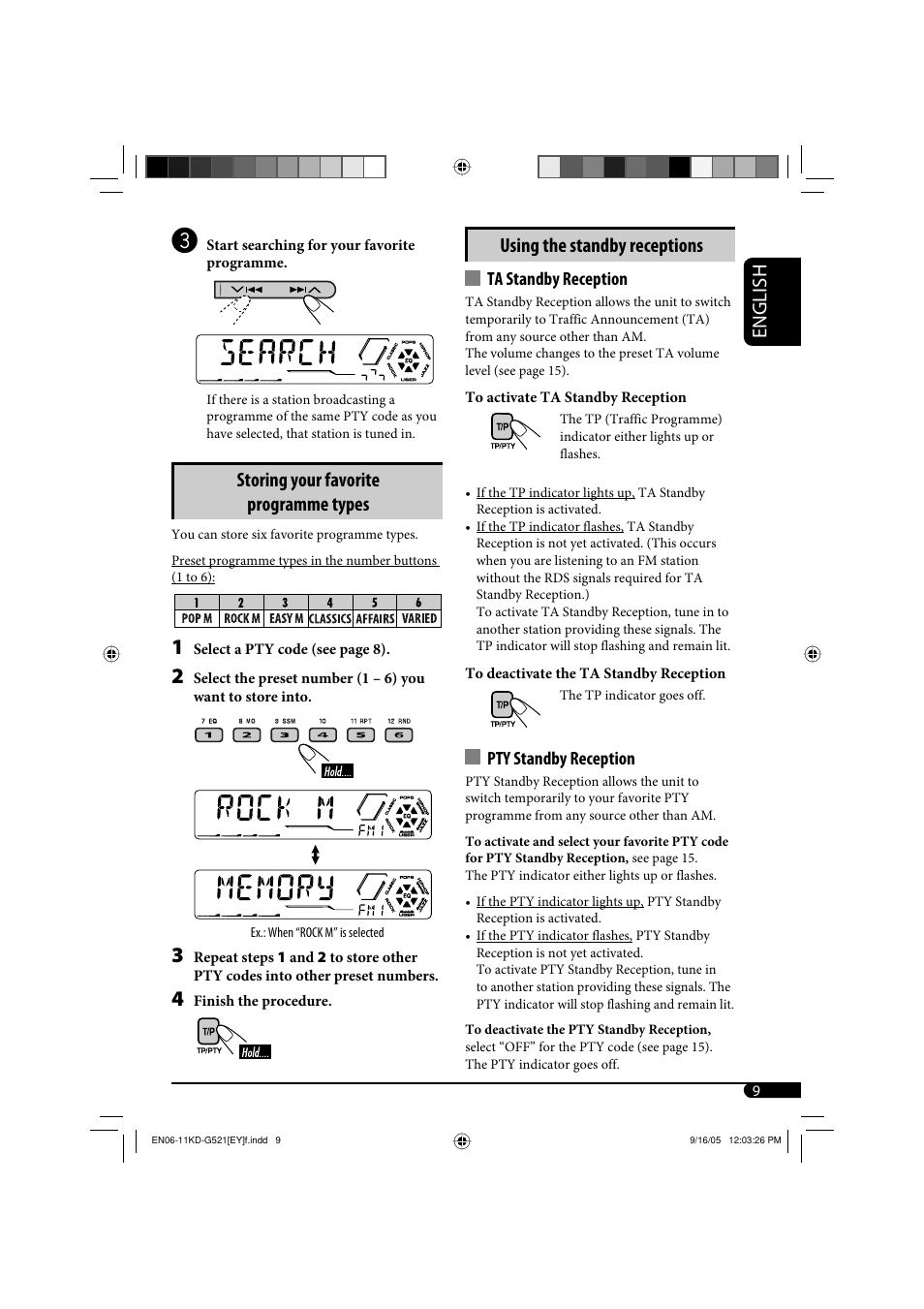 English using the standby receptions, Storing your favorite programme types | JVC KD-G521 User Manual | Page 9 / 74