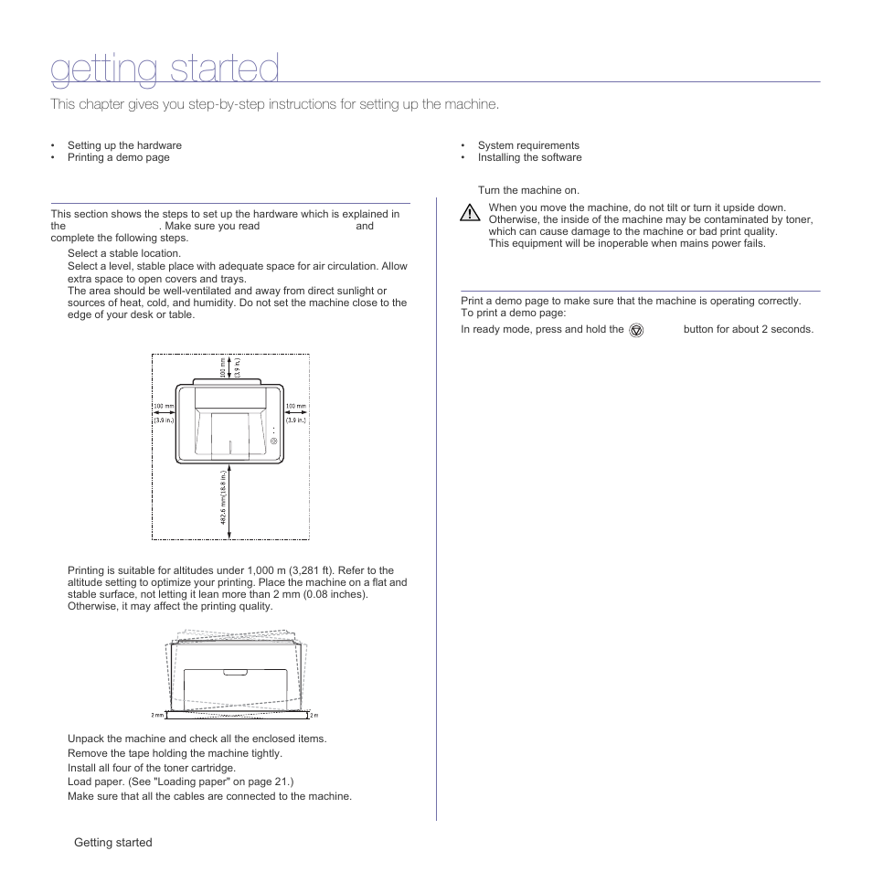 Getting started, Setting up the hardware, Printing a demo page | Samsung ML-1640 Series User Manual | Page 15 / 83