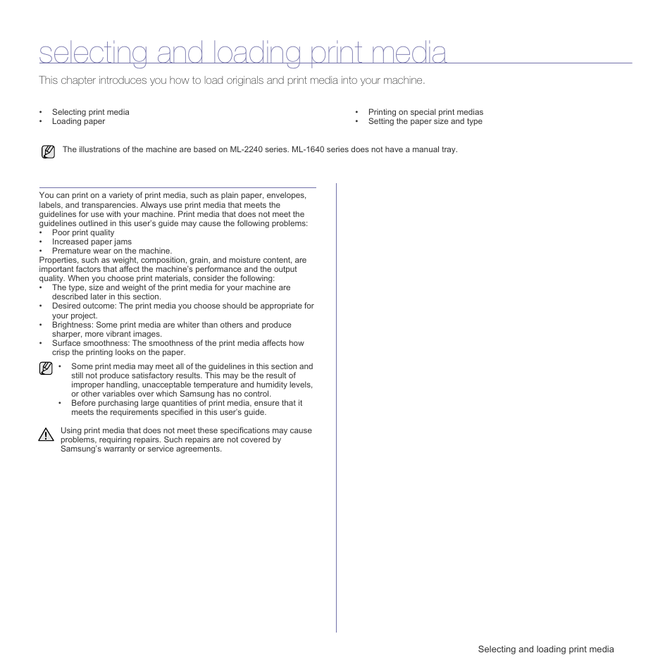 Selecting and loading print media, Selecting print media | Samsung ML-1640 Series User Manual | Page 18 / 83