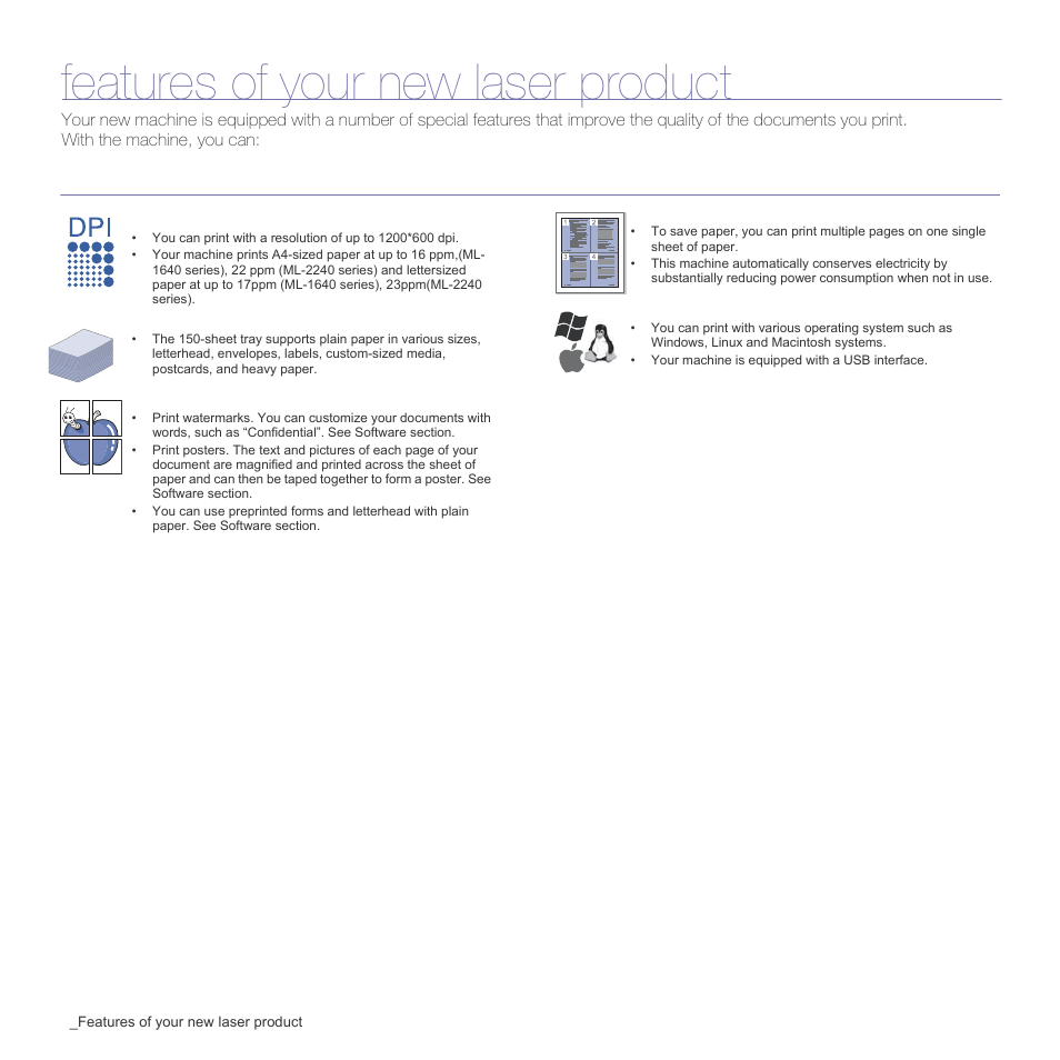 Features of your new laser product, Special features | Samsung ML-1640 Series User Manual | Page 2 / 83