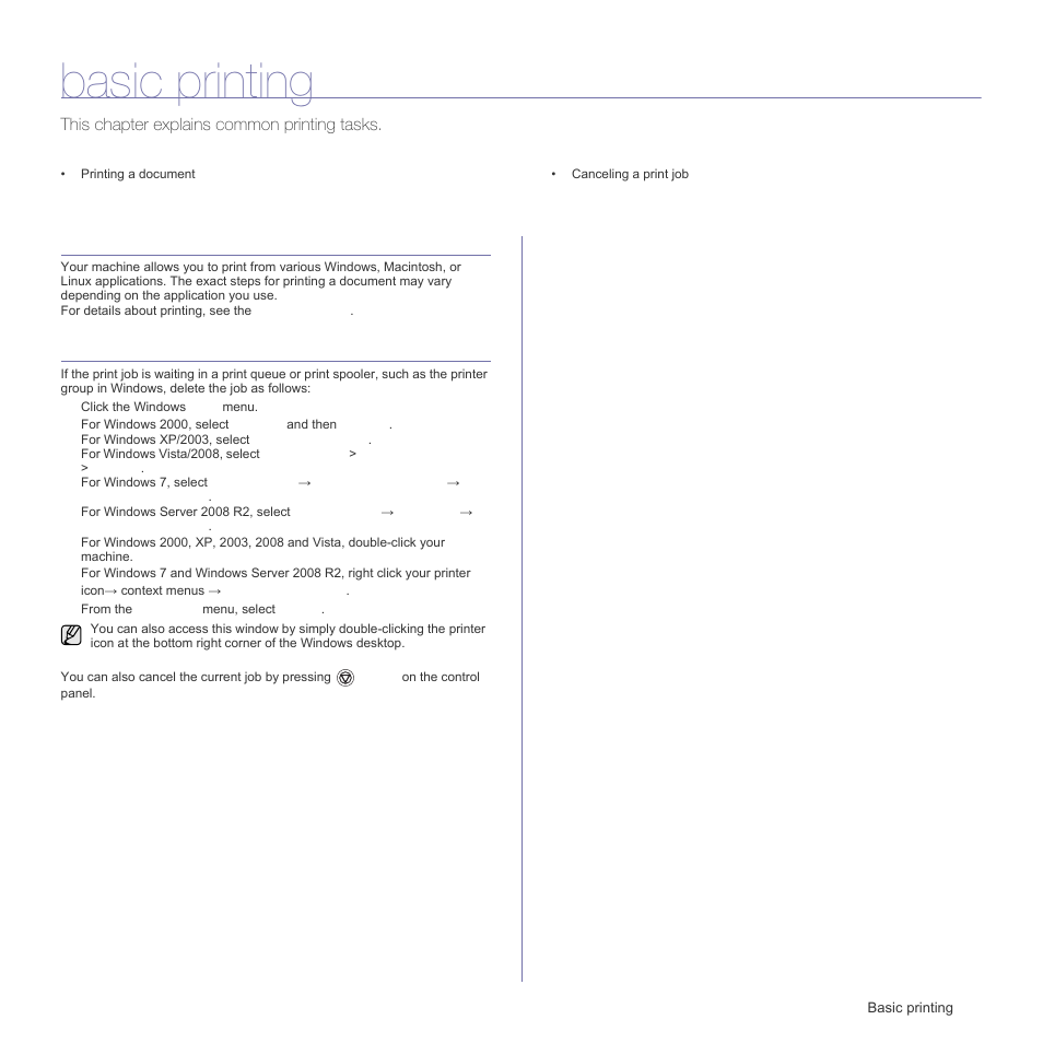 Basic printing, Printing a document, Canceling a print job | Samsung ML-1640 Series User Manual | Page 24 / 83