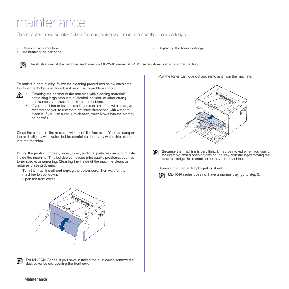 Maintenance, Cleaning your machine, Cleaning the outside | Cleaning the inside | Samsung ML-1640 Series User Manual | Page 25 / 83