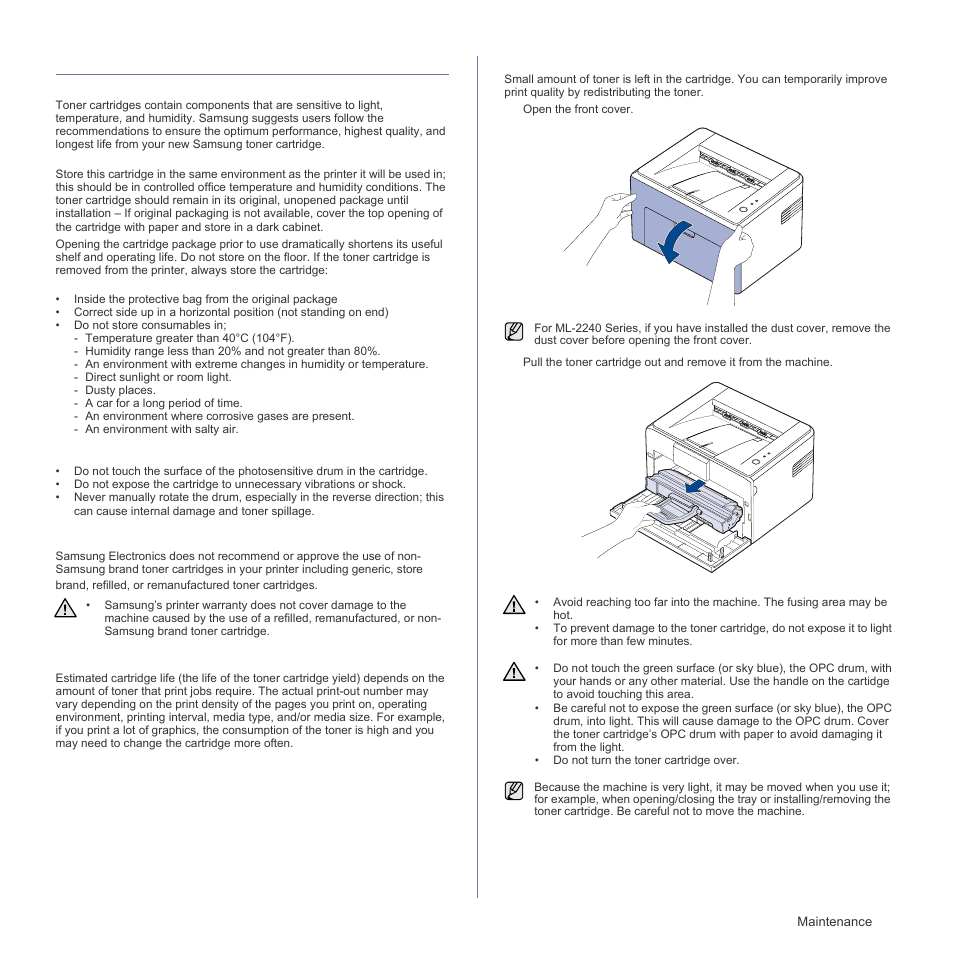 Maintaining the cartridge, Toner cartridge storage, Handling instructions | Use of non-samsung and refilled toner cartridge, Estimated cartridge life, Redistributing toner, See "redistributing | Samsung ML-1640 Series User Manual | Page 27 / 83
