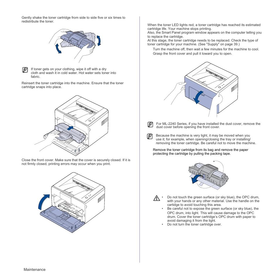 Replacing the toner cartridge, See "replacing the toner | Samsung ML-1640 Series User Manual | Page 28 / 83