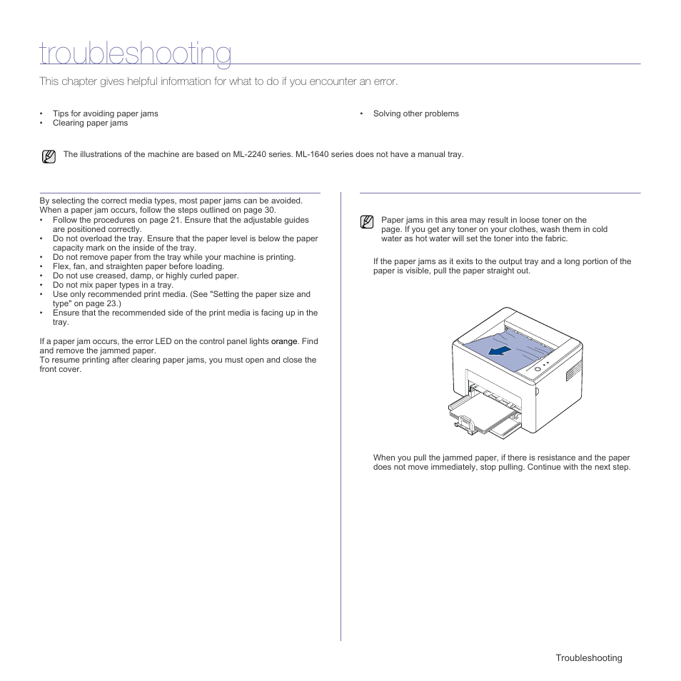 Troubleshooting, Tips for avoiding paper jams, Clearing paper jams | In the paper exit area | Samsung ML-1640 Series User Manual | Page 30 / 83