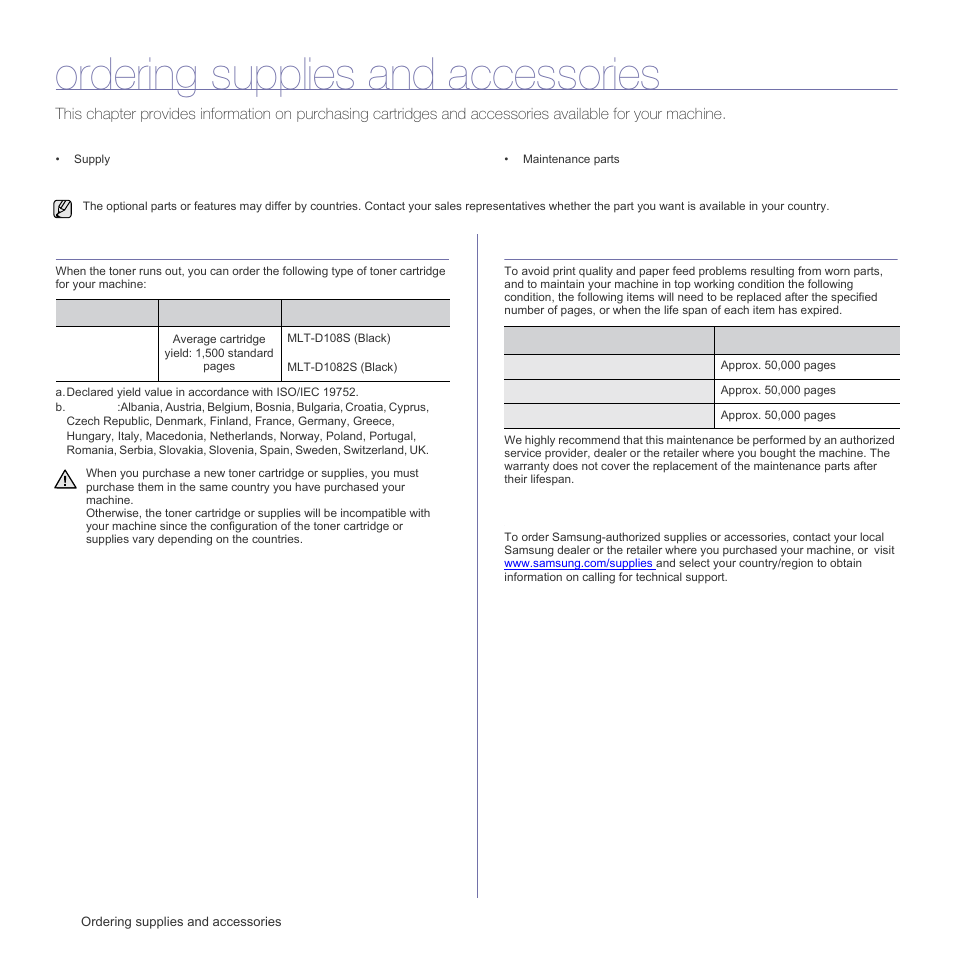 Ordering supplies and accessories, Supply, Maintenance parts | How to purchase | Samsung ML-1640 Series User Manual | Page 39 / 83