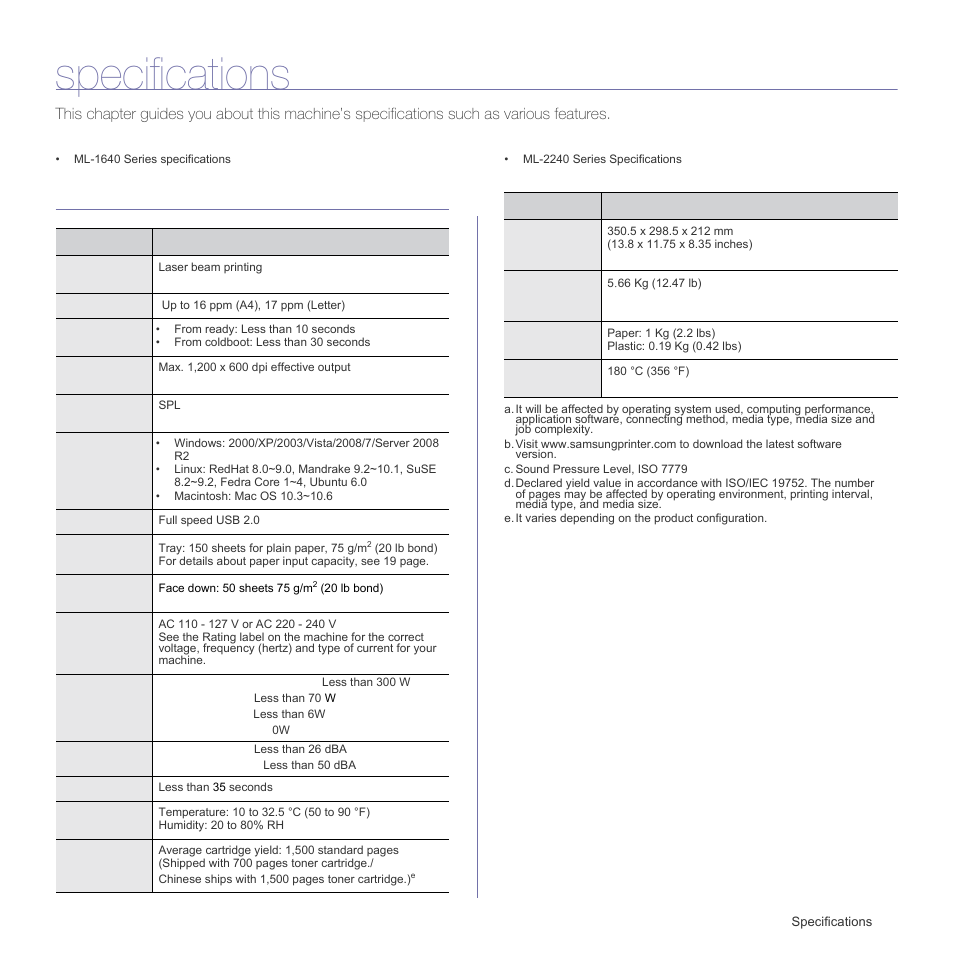 Specifications, Ml-1640 series specifications, (see "specifications" on | Samsung ML-1640 Series User Manual | Page 40 / 83
