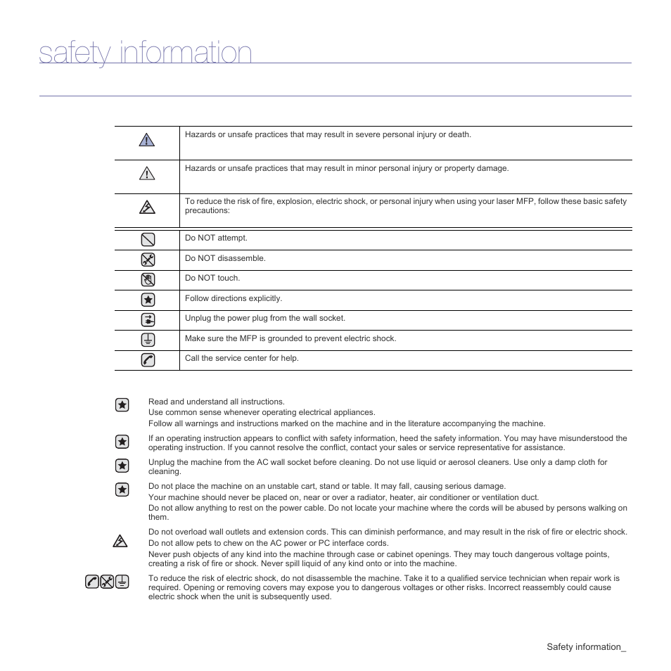 Safety information, Important safety symbols and precautions | Samsung ML-1640 Series User Manual | Page 5 / 83