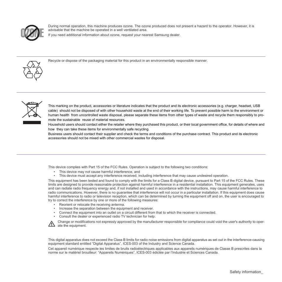 Ozone safety, Recycling, Radio frequency emissions | Samsung ML-1640 Series User Manual | Page 7 / 83