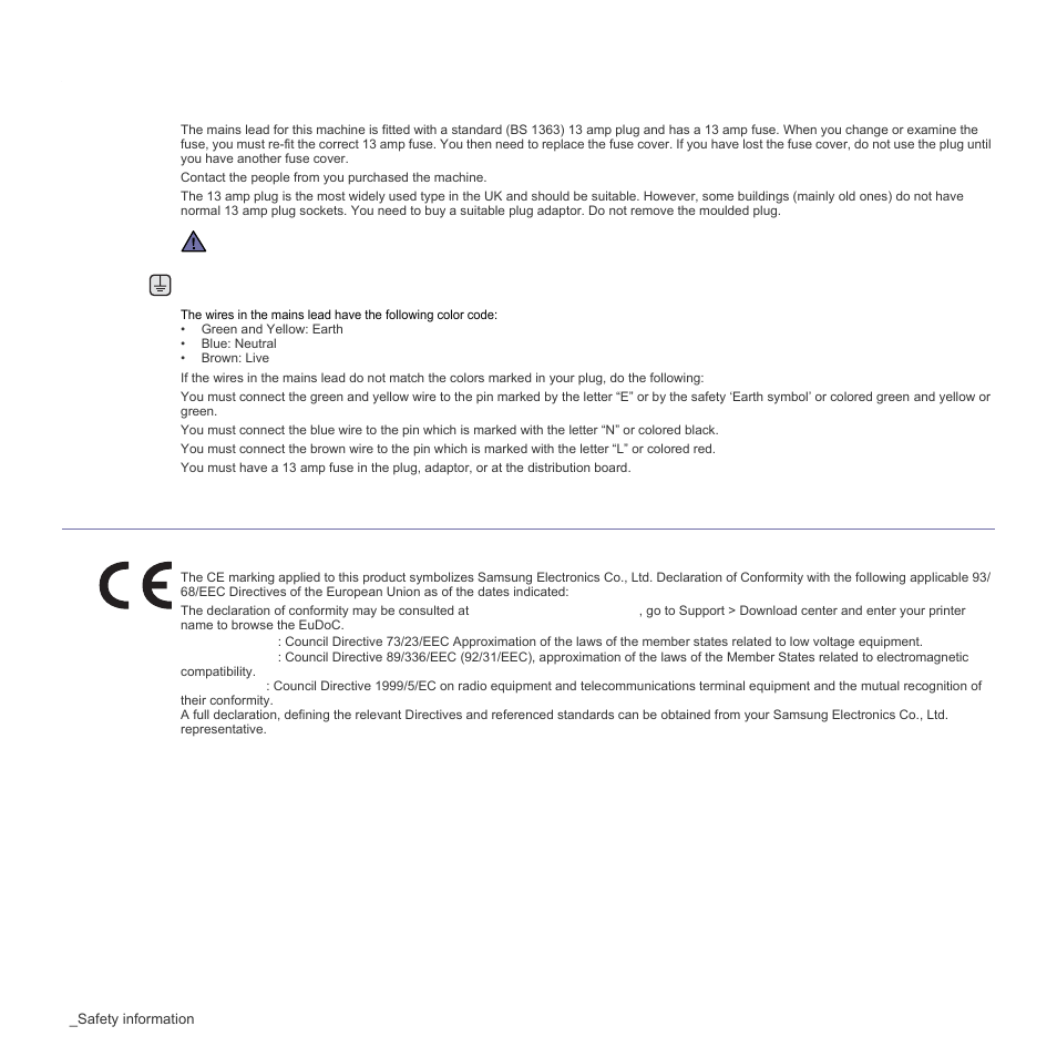 Replacing the fitted plug (for uk only), Declaration of conformity (european countries) | Samsung ML-1640 Series User Manual | Page 8 / 83
