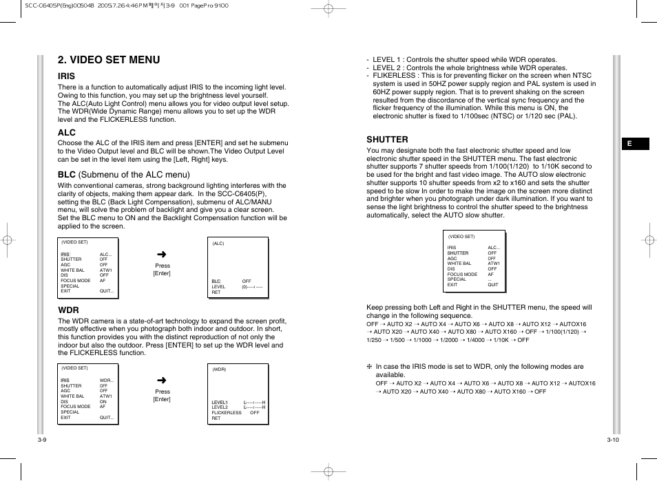 Video set menu, Shutter, Blc (submenu of the alc menu) | Iris | Samsung AB68-00504B User Manual | Page 18 / 31