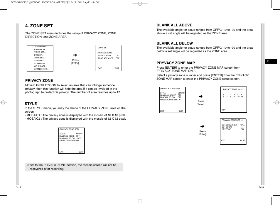 Zone set, Blank all below, Pryvacy zone map | Blank all above, Style, Privacy zone | Samsung AB68-00504B User Manual | Page 22 / 31