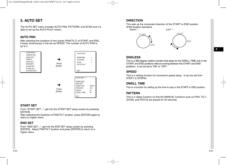 Auto set, Direction, Endless | Speed, Dwell time, Pattern, Auto pan, Start set, End set | Samsung AB68-00504B User Manual | Page 25 / 31