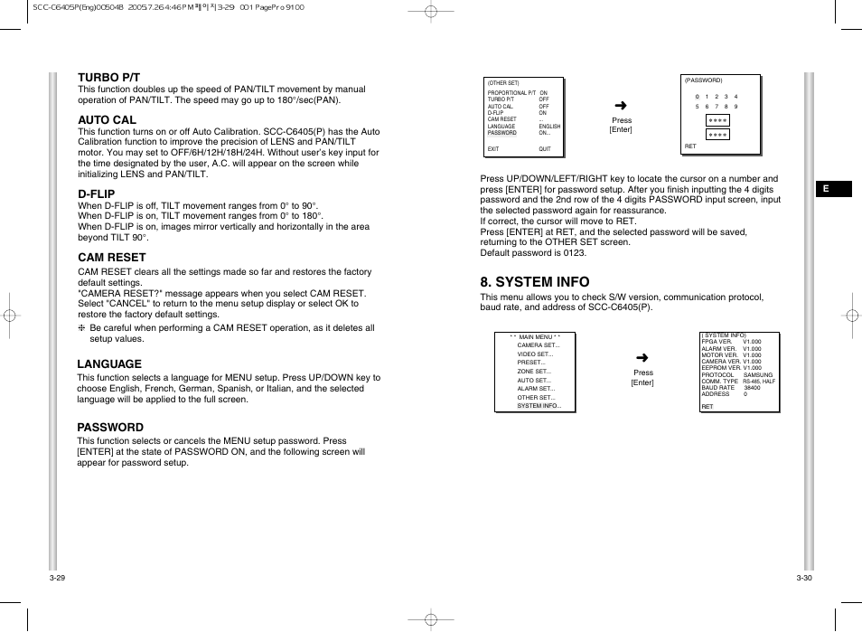 System info, Turbo p/t, Auto cal | D-flip, Cam reset, Language, Password | Samsung AB68-00504B User Manual | Page 28 / 31