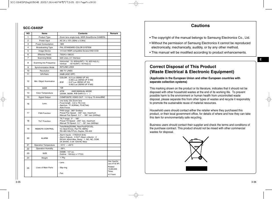 Cautions, Scc-c6405p | Samsung AB68-00504B User Manual | Page 31 / 31