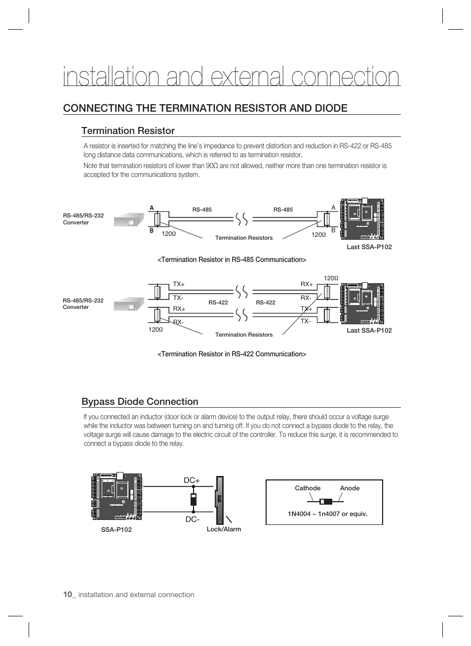 Installation and external connection, Connecting the termination resistor and diode, Termination resistor | Bypass diode connection | Samsung SSA-P102T User Manual | Page 10 / 24