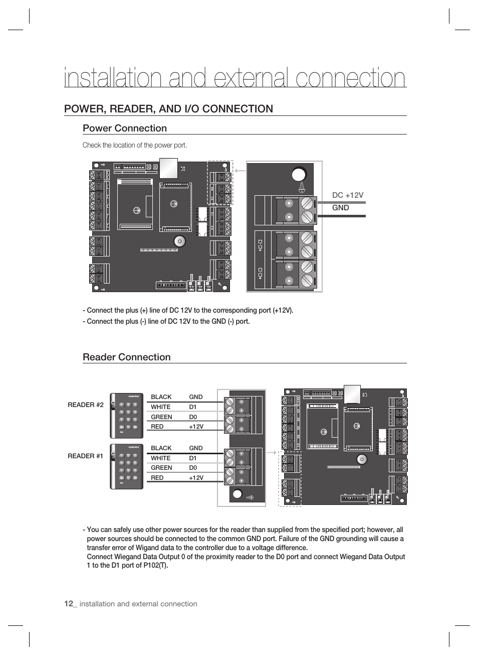 Installation and external connection, Power, reader, and i/o connection, Power connection | Reader connection, Dc +12v gnd | Samsung SSA-P102T User Manual | Page 12 / 24