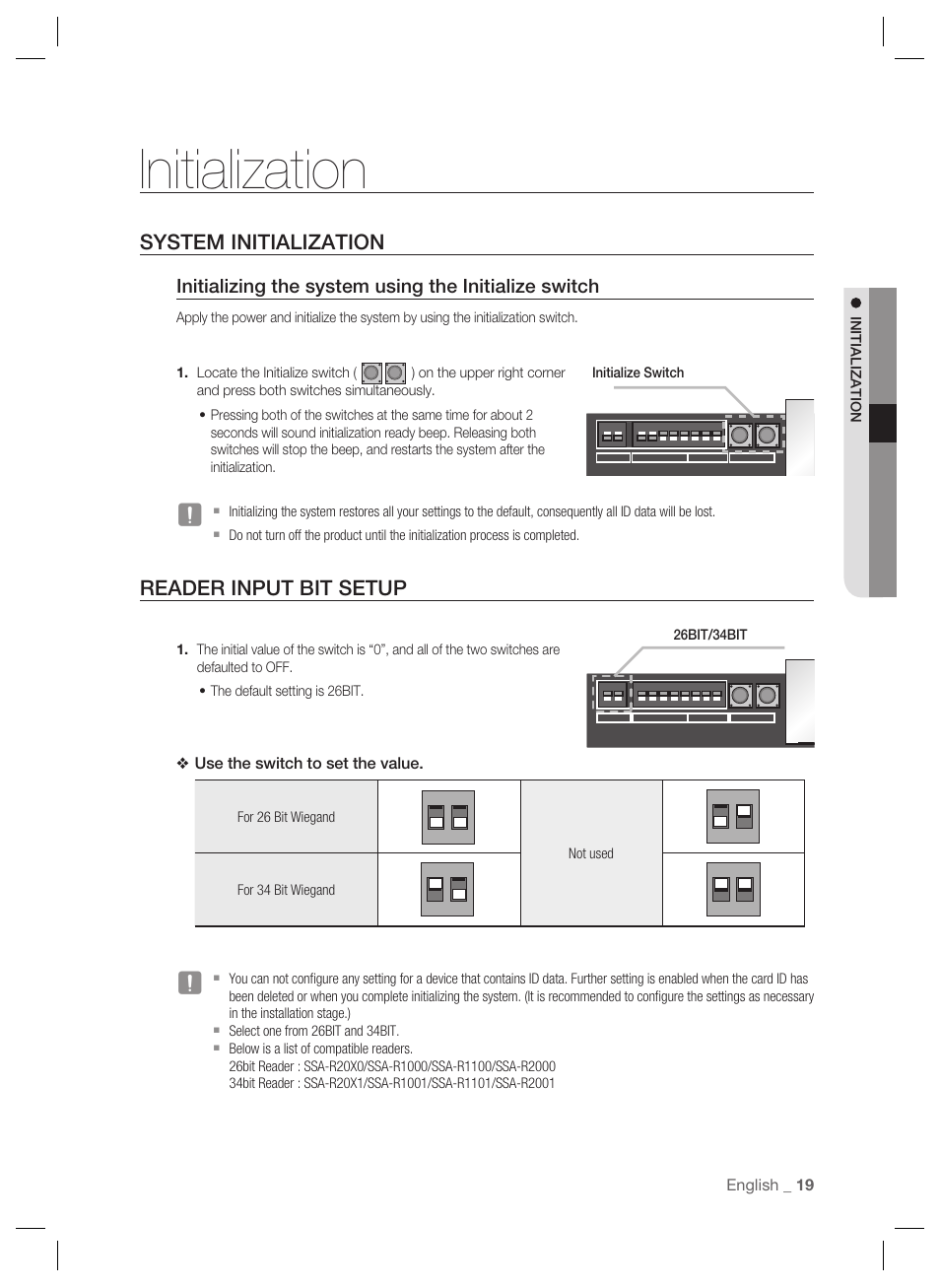 Initialization, System initialization, Reader input bit setup | Samsung SSA-P102T User Manual | Page 19 / 24