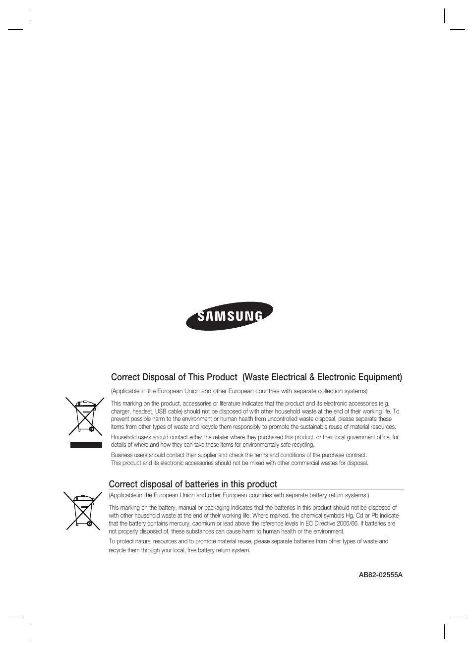 Correct disposal of batteries in this product | Samsung SSA-P102T User Manual | Page 24 / 24