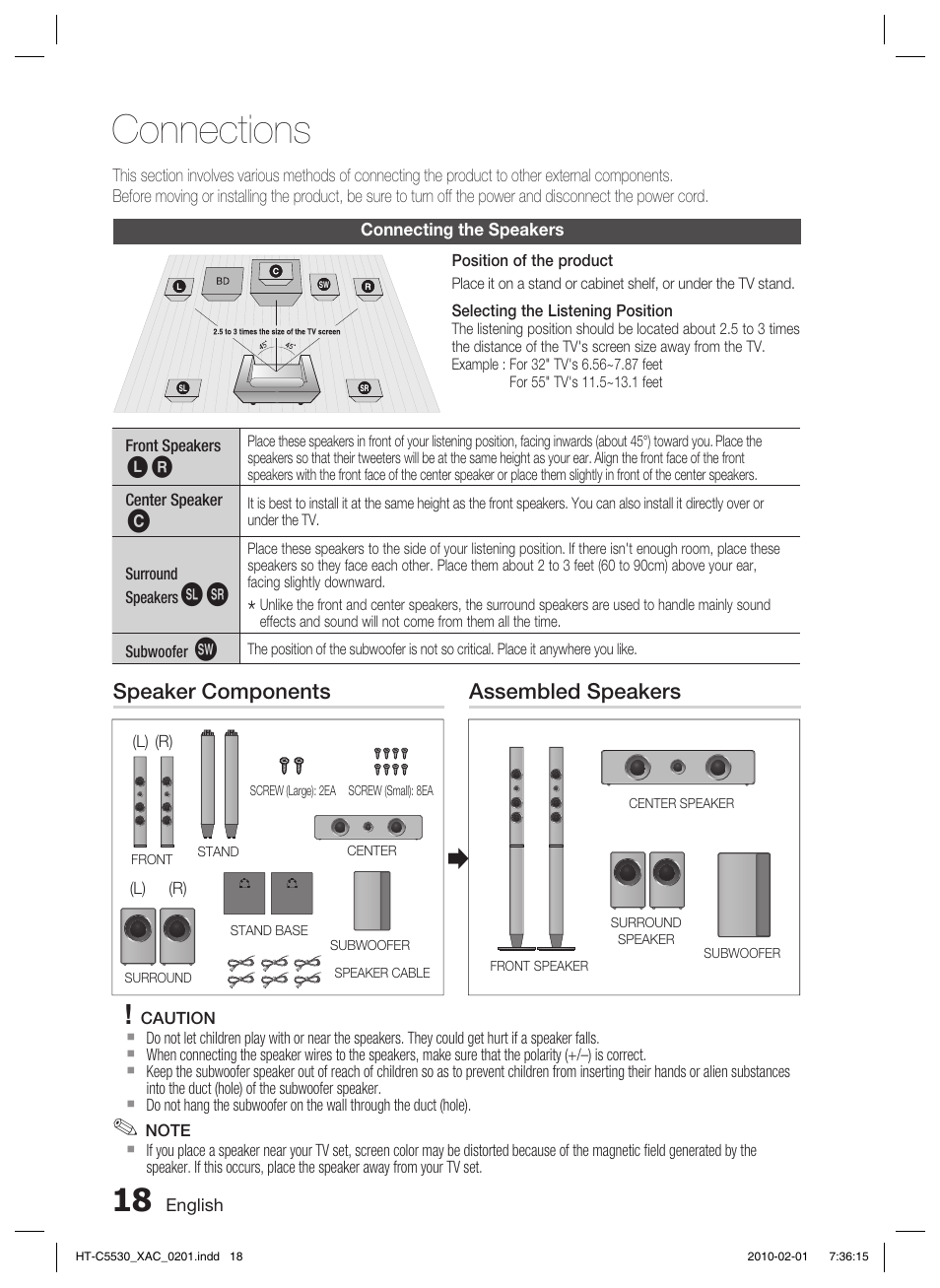 Connections, Connecting the speakers, Speaker components assembled speakers | Samsung AH68-02256G User Manual | Page 18 / 68