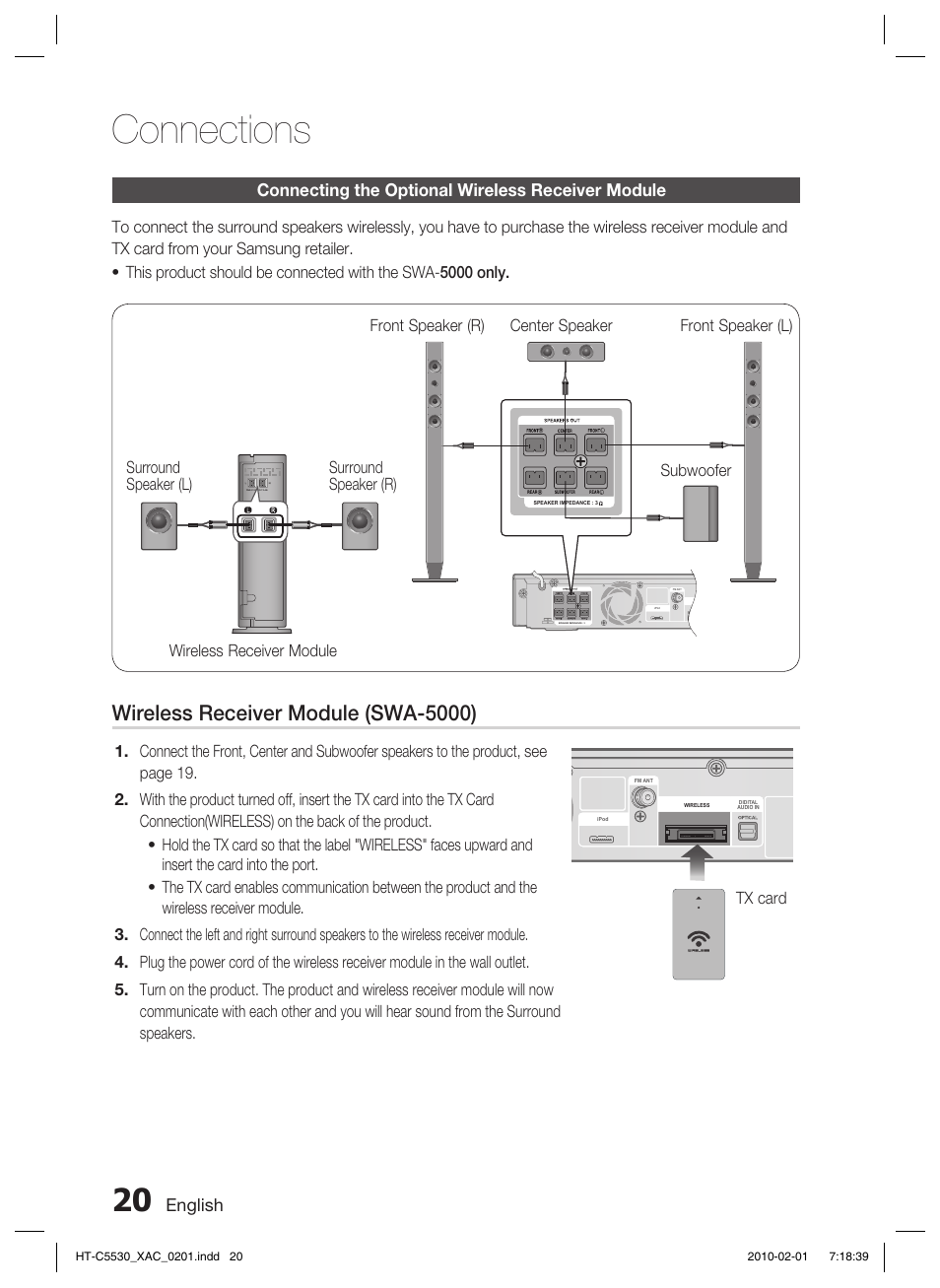 Connecting the optional wireless receiver module, Connections, Wireless receiver module (swa-5000) | English | Samsung AH68-02256G User Manual | Page 20 / 68