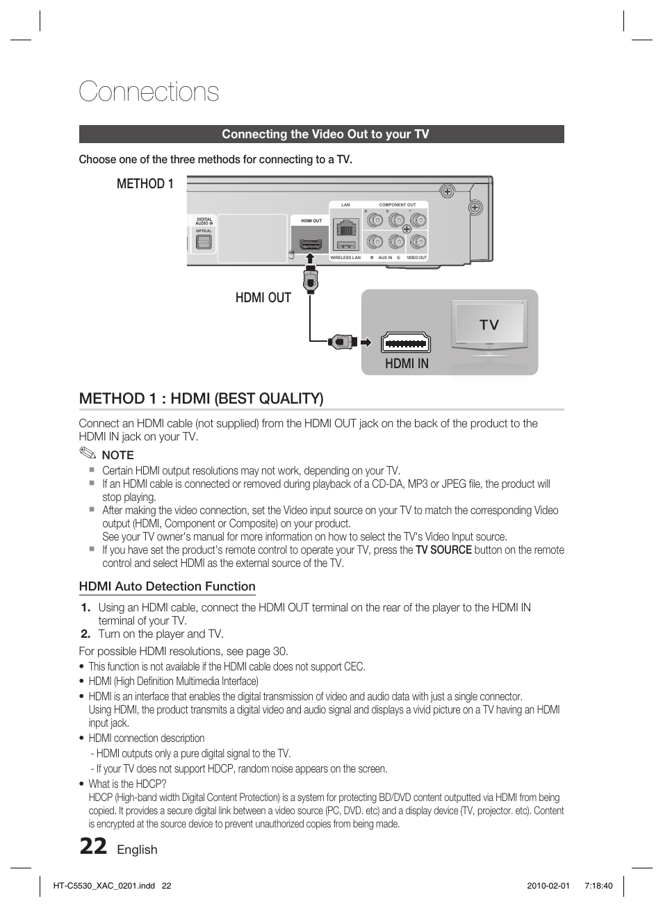 Connecting the video out to your tv, Connections, Method 1 : hdmi (best quality) | Samsung AH68-02256G User Manual | Page 22 / 68