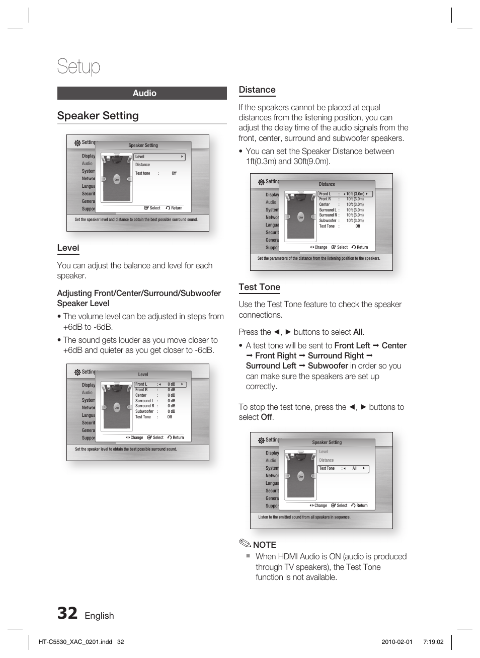 Audio, Setup, Speaker setting | English, Distance, Test tone, Level | Samsung AH68-02256G User Manual | Page 32 / 68