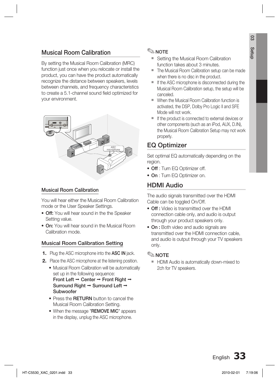 Musical room calibration, Eq optimizer, Hdmi audio | Samsung AH68-02256G User Manual | Page 33 / 68