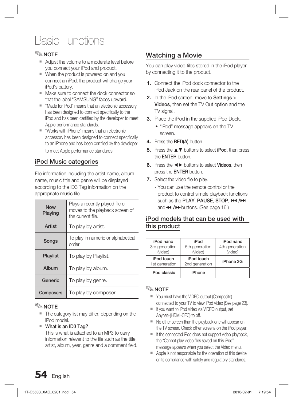 Basic functions, Watching a movie | Samsung AH68-02256G User Manual | Page 54 / 68