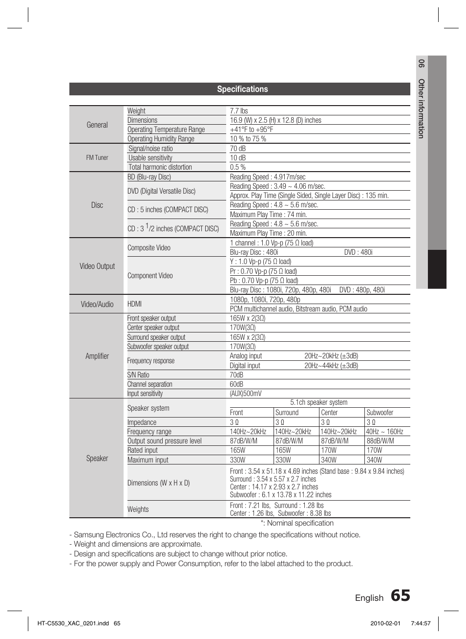 Specifi cations | Samsung AH68-02256G User Manual | Page 65 / 68